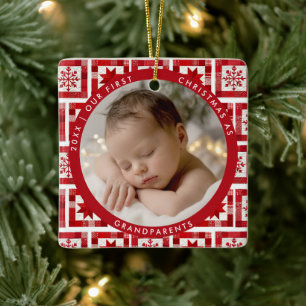 Ornamento De Cerâmica Primeiro Natal Avós Cobertor Vermelho Estatísticas