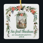 Ornamento De Cerâmica Primeiro Natal Avós Invernos da Família de Veados<br><div class="desc">O Elegante Roteiro de Caligrafia,  Nosso Primeiro Natal como Avós Watercolor,  Watercolor,  Winter Floral Deer Ornament inclui poinsetos vermelhos,  rosas florais brancos,  cones de pínus,  algodão e verde de inverno. Watercolor Mason jar com família de veados na floresta de pinheiros.</div>