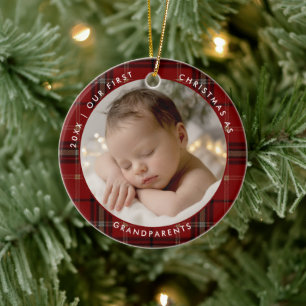 Ornamento De Cerâmica Primeiro Natal Avós Presente Foto Xadrez Vermelho