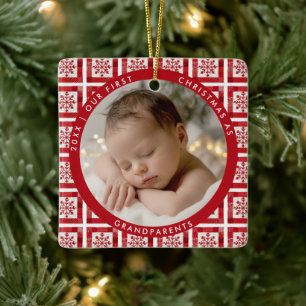 Ornamento De Cerâmica Primeiro Natal Avós Remendo de Colcha Vermelha Fot