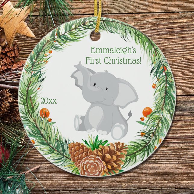 Ornamento De Cerâmica Primeiro Natal "Baby Elephant (Criador carregado)