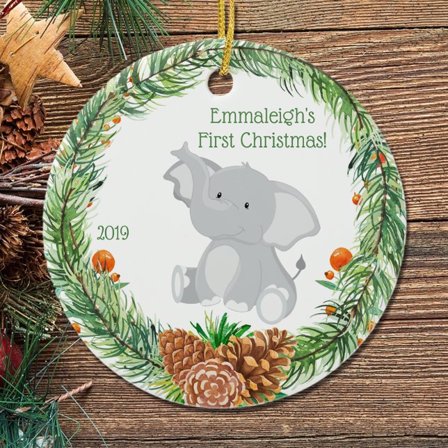 Ornamento De Cerâmica Primeiro Natal "Baby Elephant (Criador carregado)