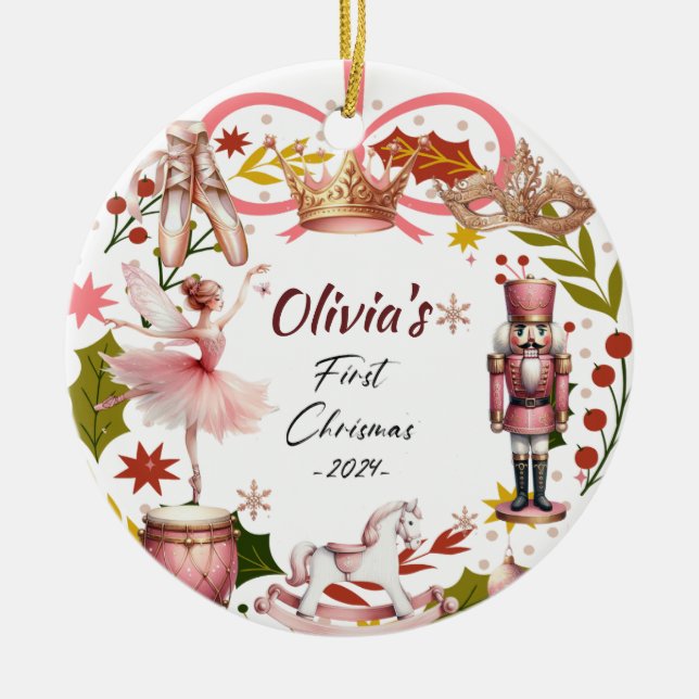 Ornamento De Cerâmica Primeiro Natal Bebê coquetê rosa (Frente)