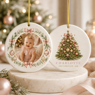 Ornamento De Cerâmica Primeiro Natal Bebê Menina Arco Rosa Foto
