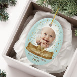 Ornamento De Cerâmica Primeiro Natal Blue Baby Photo & Name Snow Globe<br><div class="desc">Globo de neve de ouro mágico e estrelas mágicas douradas ornamento de primeira foto de Natal do bebê. O primeiro ornamento de manutenção de fotos do globo de neve de Natal azul e dourado pode ser personalizado com o nome do bebê, o ano, e uma foto na frente e uma...</div>