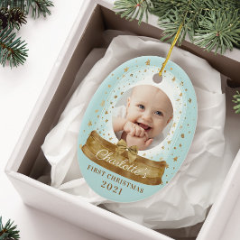 Ornamento De Cerâmica Primeiro Natal Blue Baby Photo & Name Snow Globe
