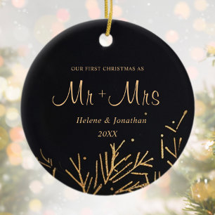 Ornamento De Cerâmica Primeiro Natal Casado Casal Dourado Elegante Moder
