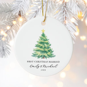 Ornamento De Cerâmica Primeiro Natal Casado com Foto Recém-casada