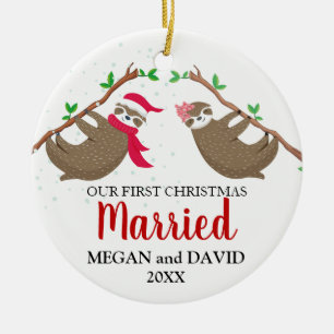Ornamento De Cerâmica Primeiro Natal casado com Funny Sloths