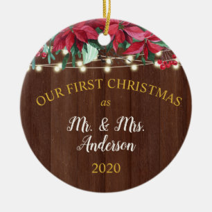 Ornamento De Cerâmica Primeiro Natal Casado com Luzes Russas de Poinsett