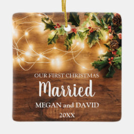 Ornamento De Cerâmica Primeiro Natal casado com madeira rústica e luzes