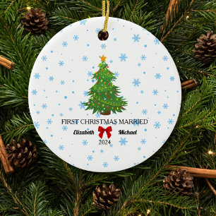 Ornamento De Cerâmica Primeiro Natal Casado com o Casal Personalizado de