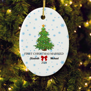 Ornamento De Cerâmica Primeiro Natal Casado com o Casal Personalizado de