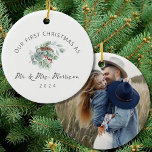 Ornamento De Cerâmica Primeiro Natal Casado como Sr. & Sra. Photo<br><div class="desc">Celebre seu primeiro Natal como recém-casados com este encantador ornamento fotocerâmico, comemorando o marco especial. Personalize-o com um casamento ou foto de casal favorita, lindamente enquadrado em um eterno "Primeiro Natal Casado como Sr. & Sra." design. Criado por durabilidade, este ornamento de manutenção é perfeito para o período de férias...</div>