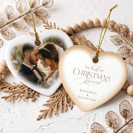 Ornamento De Cerâmica Primeiro Natal Casado Coração Foto com Letra Elega