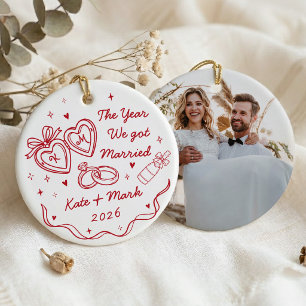 Ornamento De Cerâmica Primeiro Natal Casado Desenho à Mão Caprichoso