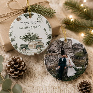 Ornamento De Cerâmica Primeiro Natal Casado Foto Aquarela