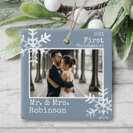 Ornamento De Cerâmica Primeiro Natal Casado Foto Azul Desbotado