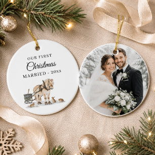 Ornamento De Cerâmica Primeiro Natal Casado Foto Cavalo de Inverno