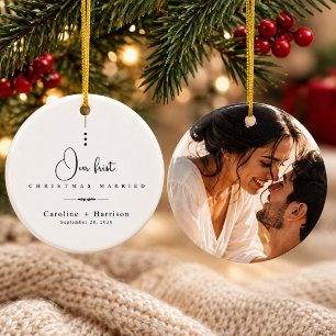 Ornamento De Cerâmica Primeiro Natal Casado Foto de Recém-Casados Elegan