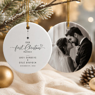 Ornamento De Cerâmica Primeiro Natal Casado Foto Romântica de Casamento