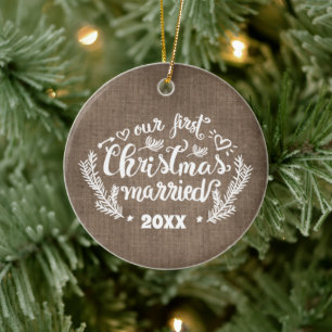 Ornamento De Cerâmica Primeiro Natal Casado Fotografia Keepsasasak
