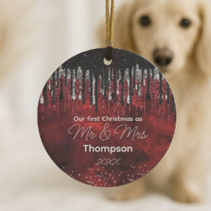Ornamento De Cerâmica Primeiro Natal casado preto vermelho brilho goteja