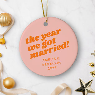 Ornamento De Cerâmica Primeiro Natal Casado Rosa Laranja Personalizado