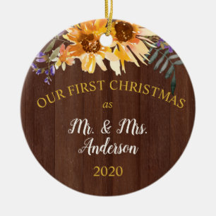 Ornamento De Cerâmica Primeiro Natal Casado Rústico Girassol em Madeira