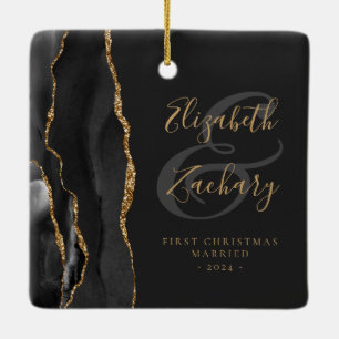 Ornamento De Cerâmica Primeiro Natal Casados Ágata Preta Dourado Script