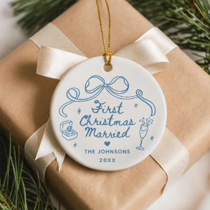 Ornamento De Cerâmica Primeiro Natal Casados Desenho à Mão Caprichoso