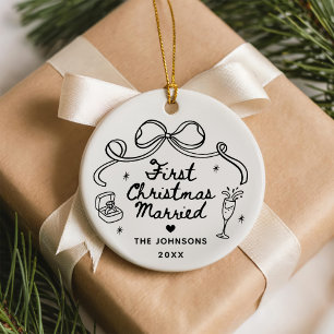 Ornamento De Cerâmica Primeiro Natal Casados Desenho à Mão Caprichoso