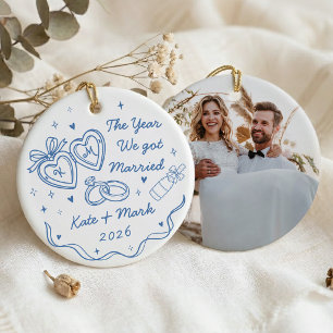 Ornamento De Cerâmica Primeiro Natal Casados Desenho à Mão Caprichoso