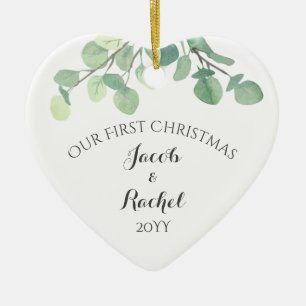 Ornamento De Cerâmica Primeiro Natal Casados Eucalipto Verde