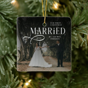 Ornamento De Cerâmica Primeiro Natal Casados Foto de Casal Sr e Sra
