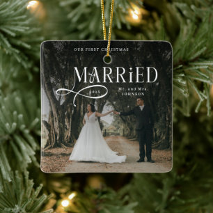 Ornamento De Cerâmica Primeiro Natal Casados Foto de Casal Sr e Sra