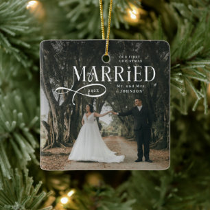 Ornamento De Cerâmica Primeiro Natal Casados Foto de Casal Sr e Sra