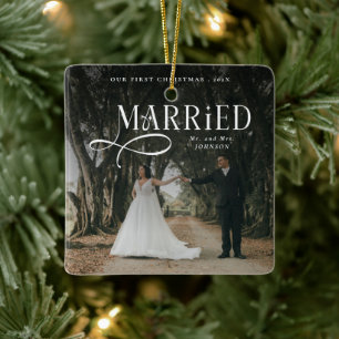 Ornamento De Cerâmica Primeiro Natal Casados Foto de Casal Sr e Sra