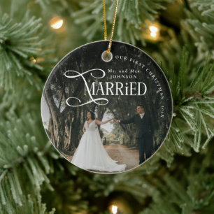Ornamento De Cerâmica Primeiro Natal Casados Foto de Casal Sr e Sra
