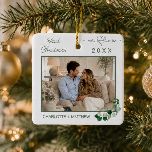 Ornamento De Cerâmica Primeiro Natal casados foto folhagens Sr Sra