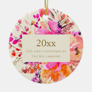 Ornamento De Cerâmica Primeiro Natal Casados Personalizado Floral Rosa