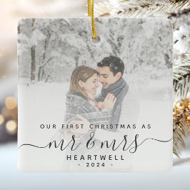 Ornamento De Cerâmica Primeiro Natal Casados Personalizado Foto Cinza Sc