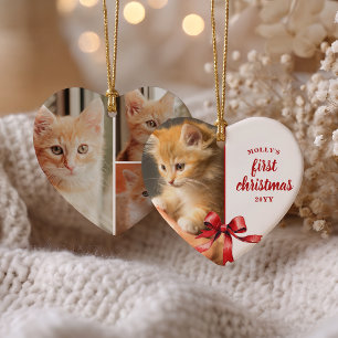 Ornamento De Cerâmica Primeiro Natal com o Nosso Gatinho 4 Foto Laço Ver