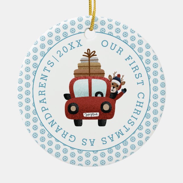 Ornamento De Cerâmica Primeiro Natal como a foto azul dos avós (Frente)