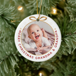 Ornamento De Cerâmica Primeiro Natal como Avós - Foto Dourada Vermelha