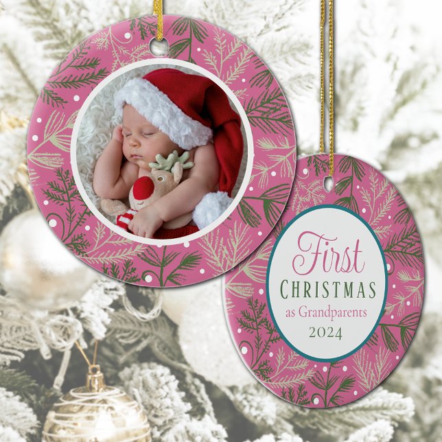 Ornamento De Cerâmica Primeiro Natal Como Avós Foto Rosa (Criador carregado)