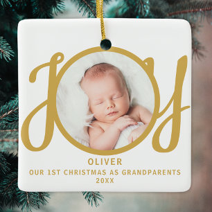 Ornamento De Cerâmica Primeiro Natal como Avós Foto Script Dourado