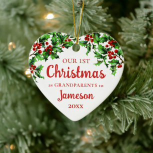 Ornamento De Cerâmica Primeiro Natal como Avós Holly Heart Foto