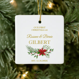 Ornamento De Cerâmica Primeiro Natal Como Citação Com Design De Poinsett