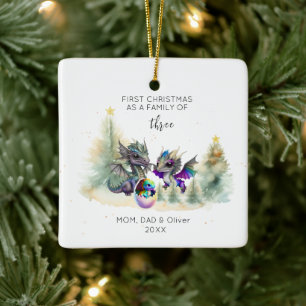 Ornamento De Cerâmica Primeiro Natal como Família da Praça Neon Dragon 3